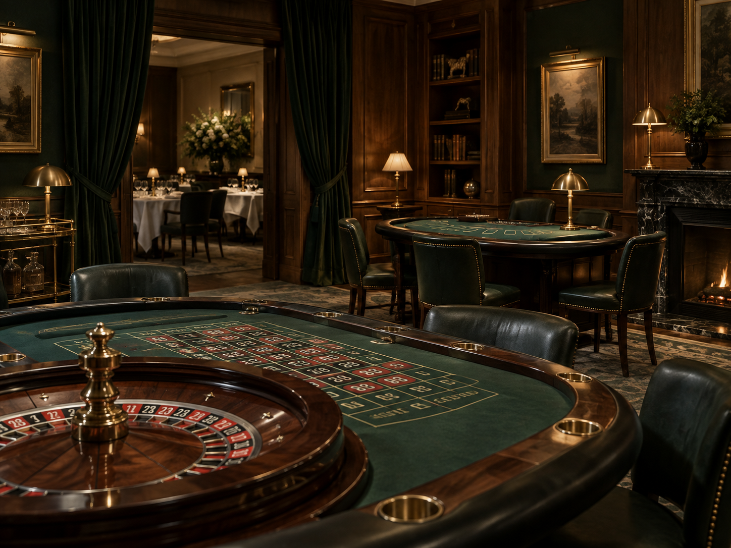Elegancki salon kasyna z ruletką i stołem do blackjacka
