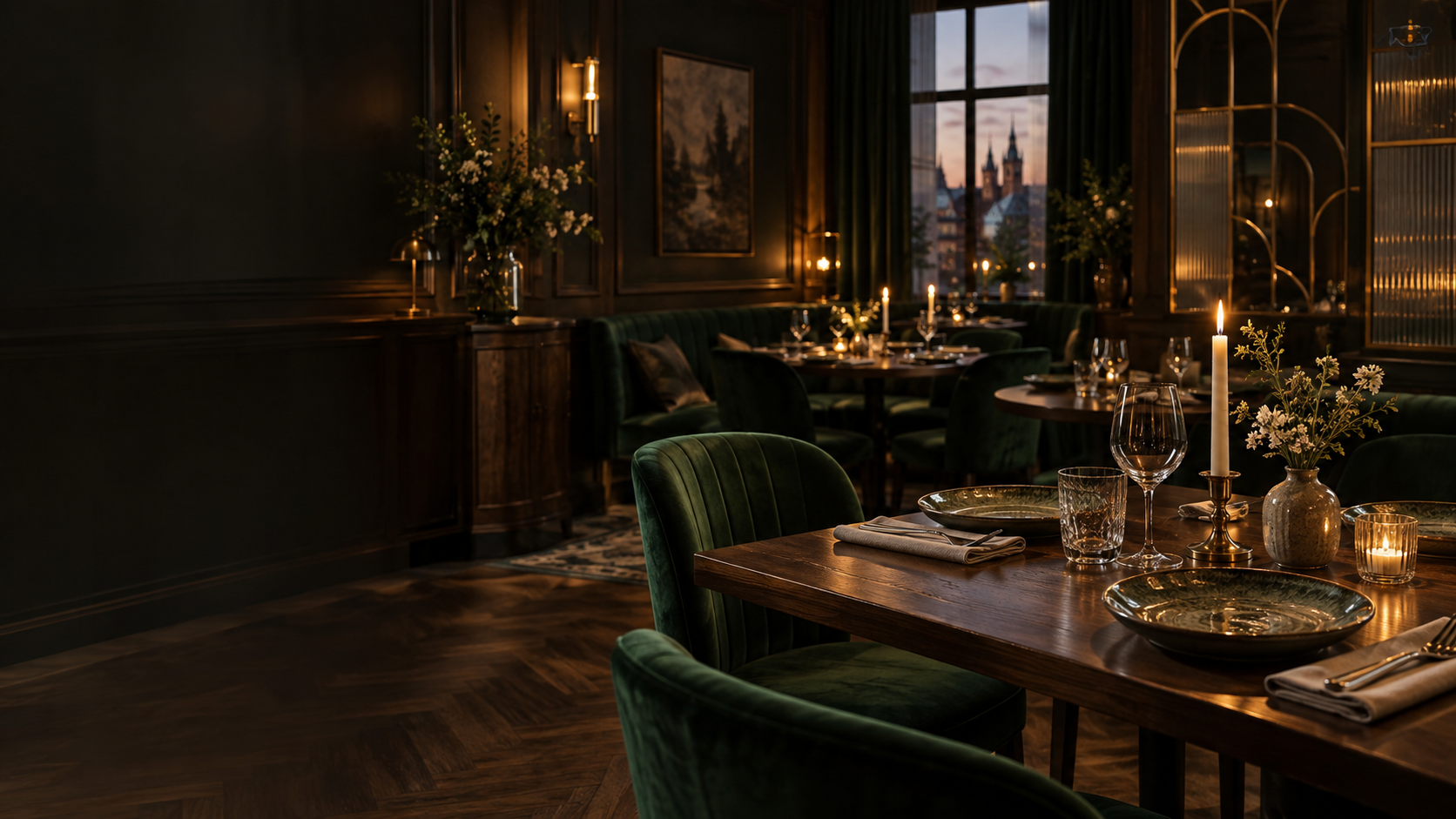 Wieczorne wnętrze restauracji z zielonymi fotelami